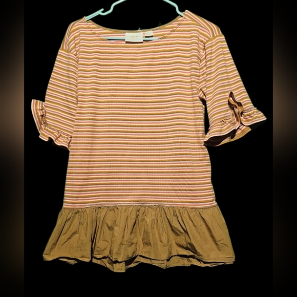 MAEVE By Anthropologie Striped Ruffle Hem Top - Stripe 19 PTP - Picture 3 of 5